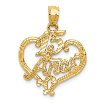 14k Yellow Gold Diamond-Cut and Textured 15 Anos Heart Pendant