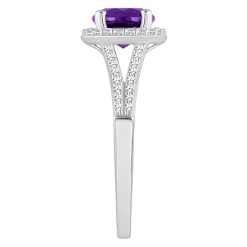 7mm Round Amethyst 1/4 ctw Diamond Rhodium Over Sterling Silver Halo Ring