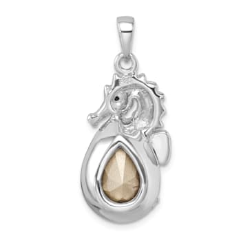 Rhodium Over Sterling Silver Crystal Background Seahorse Pendant