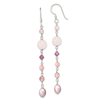 Sterling Silver Pink Freshwater Pearl, Red and Rose Quartz, Pink Jadeite
and Thulite Dangle Earrings
