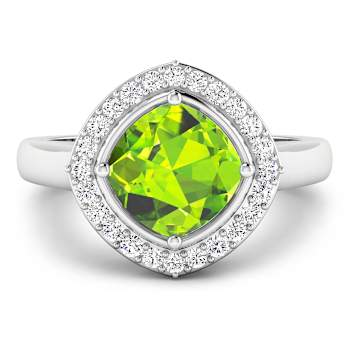 Cushion Cut Green Peridot and White Diamond 14K White Gold Halo Ring
2.26 ctw