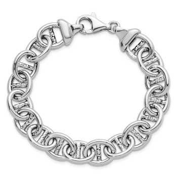 Rhodium Over Sterling Silver Polished and Textured Mariner Link Bracelet