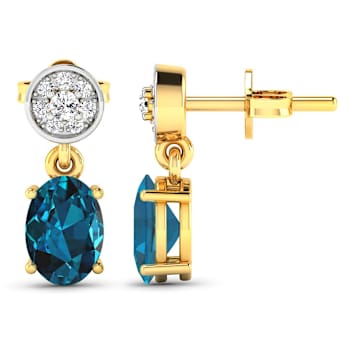 1.40ctw 14K Yellow Gold London Blue Topaz  and White Diamond Halo Earrings