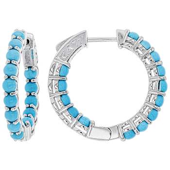 Turquoise Inside Outside Hoop Earrings in Rhodium Over Sterling Silver