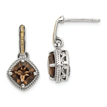Sterling Silver with 14K Accent Antiqued Smoky Quartz Post Dangle Earrings