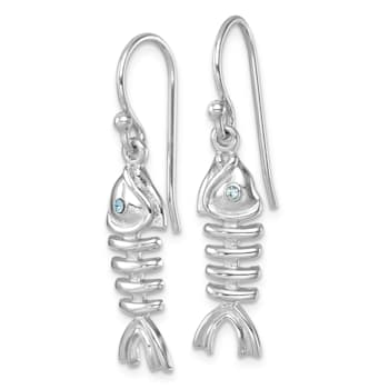 Rhodium Over Sterling Silver Polished Crystal Eye Bonefish Dangle Earrings