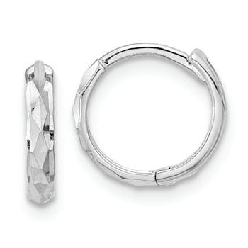 Rhodium Over 14K White Gold Hinged Diamond-cut Hoop Earrings