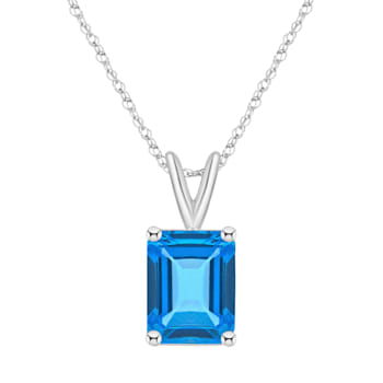 10x8mm Emerald Cut Blue Topaz 14k White Gold Pendant With Chain