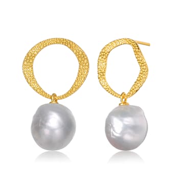 Button Freshwater Pearl Drop Earrings In 14K Gold Over Sterling Silver