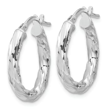 Rhodium Over Sterling Silver Polished and Textured Twisted Oval Hoop Earrings