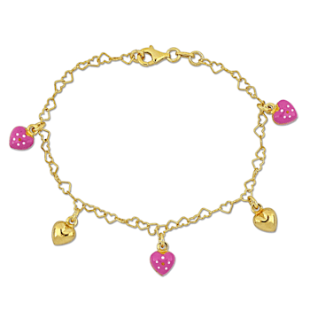 Children's Pink Enamel Heart Charm Bracelet in 18K Yellow Gold Over
Sterling Silver