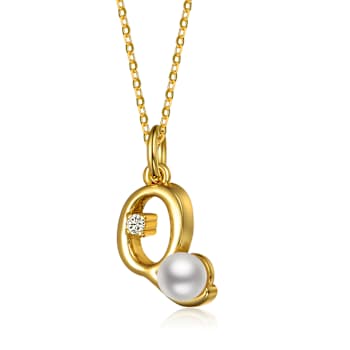 Initial Q Pear Shape CZ And Pearl Pendant Necklace In 14K Gold Over Brass