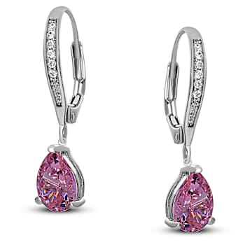 Pink CZ Teardrop Drop Earrings In Sterling Silver