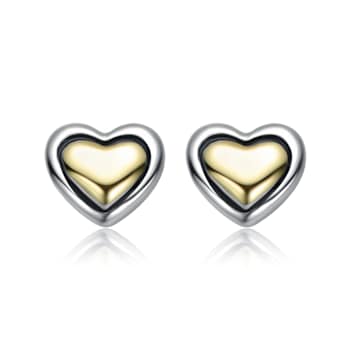 Sleek Heart Stud Earrings In Two-Tone Rhodium Over Brass