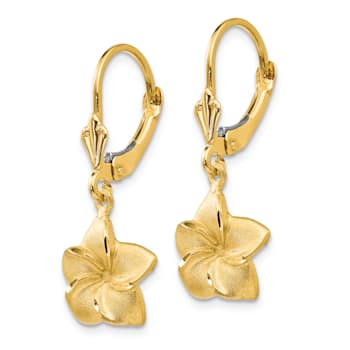 14k Yellow Gold Satin and Diamond-Cut Plumeria Dangle Earrings