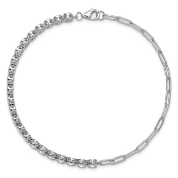 Rhodium Over Sterling Silver Bezel Set Cubic Zirconia and Paperclip Link Bracelet