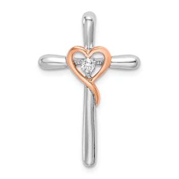 10k White Gold and 10k Rose Gold Cross with Heart Diamond Chain Slide Pendant