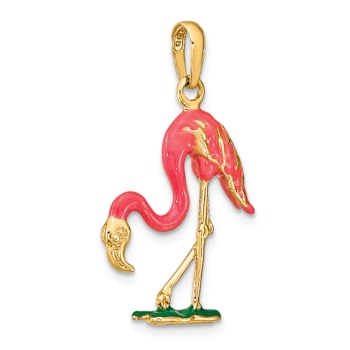 14k Yellow Gold Multi-color Enameled 3D Pink Flamingo Pendant