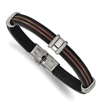 Black and Brown Leather and Stainless Steel Polished 8.25-inch Bracelet