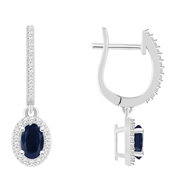 6x4mm Oval Sapphire 1/3 ctw Diamond Rhodium Over Sterling Silver Halo
Dangle Earrings