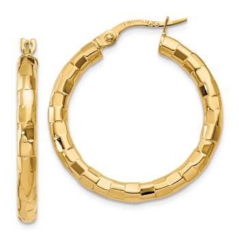 14k Yellow Gold Polished and Textured 1 1/16" Hoop Earrings