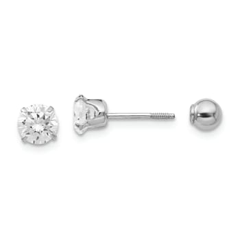 Rhodium Over 14K White Gold 5mm Cubic Zirconia and 4mm Ball Reversible Earrings