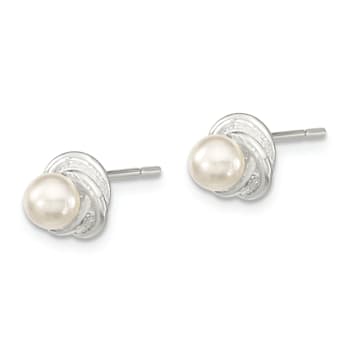 Rhodium Over Sterling Silver Polished Freshwater Cultured Pearl Post Earrings
