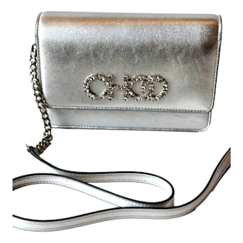 Jimmy Choo Kalina Crossbody Clutch Bag Crystal Logo Metallic Silver