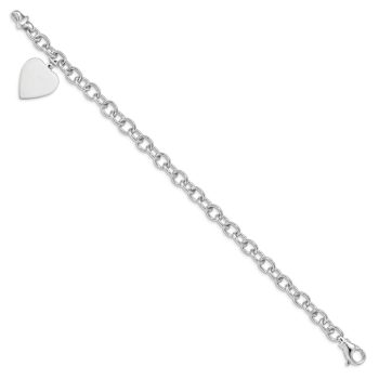 Rhodium Over 14k White Gold Polished Link with Heart Charm Bracelet