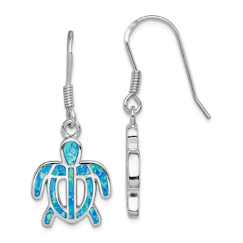 Rhodium Over Sterling Silver Lab Created Opal Inlay Tortoise Dangle Earrings