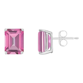 8x6mm Emerald Cut Pink Topaz 14k White Gold Stud Earrings