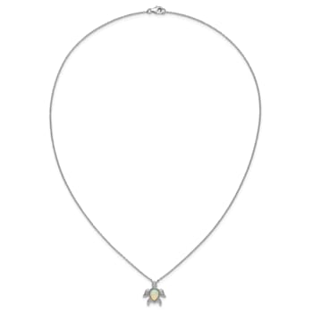 Rhodium Over Sterling Silver Lab Created Opal and Cubic Zirconia Turtle Necklace