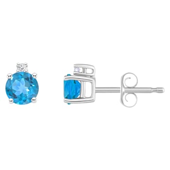 4mm Round Blue Topaz with Diamond Accents 14k White Gold Stud Earrings
