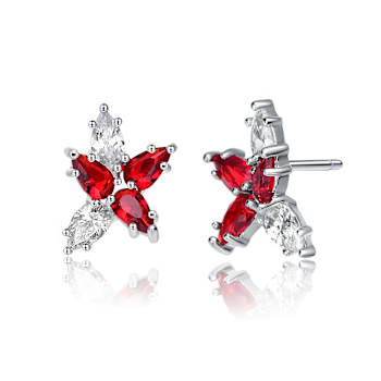 Ruby Color CZ Teardrop Stud Earrings In Sterling Silver