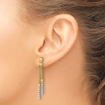 14K Two-tone Polished and Diamond-cut Beaded Dangle Post Earrings
