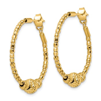 14k Yellow Gold Diamond-Cut 1 3/16" Hoop Beaded Earrings