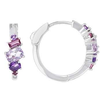 Multi-Stone Amethyst And Rhodolite Hoop Earrings In Sterling Silver