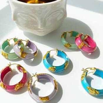 14K Yellow Gold Over Sterling Silver Mini Gold Leaf Acrylic Hoops in Orange
