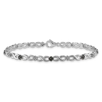 Rhodium Over 14k White Gold White and Black Diamond Flower Infinity Bracelet
