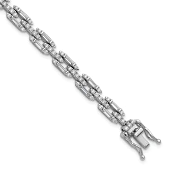 Rhodium Over Sterling Silver Polished Fancy Cubic Zirconia Link Bracelet