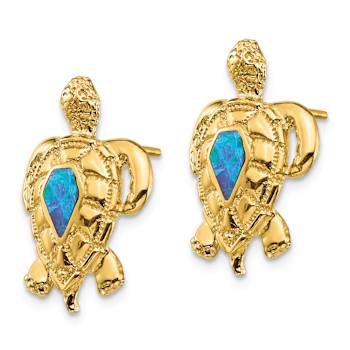 14k Yellow Gold Textured Lab Created Opal Turtle Stud Earrings
