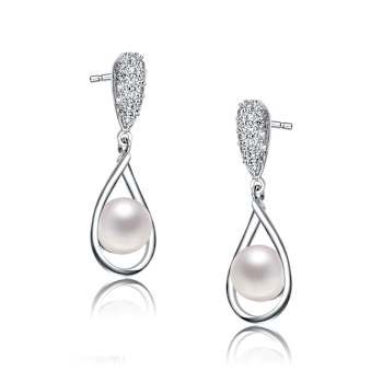 Pearl And CZ Drop Earrings In Sterling Silver