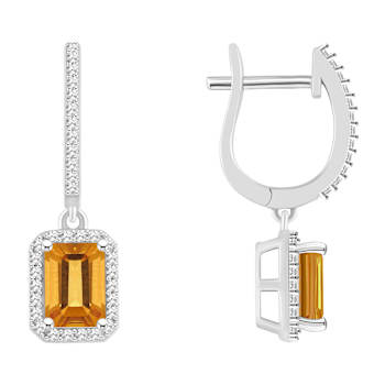 7x5mm Emerald Cut Citrine 1/3 ctw Diamond Rhodium Over Sterling Silver
Halo Dangle Earrings