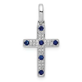 Rhodium Over 14k White Gold Diamond and Sapphire Cross Pendant