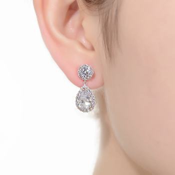 Pear Shape CZ Halo Drop Earrings In Sterling Silver
