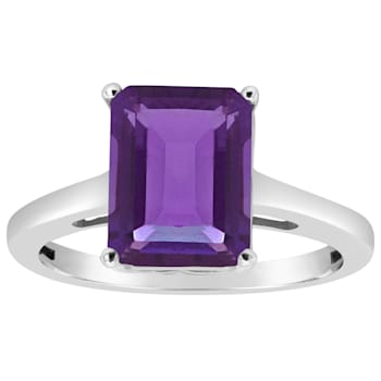 10x8mm Emerald Cut Amethyst Rhodium Over Sterling Silver Ring