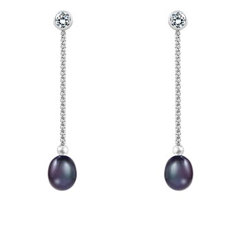 7.5-8mm Black Cultured Freshwater Pearl Rhodium Over Sterling Silver Earrings