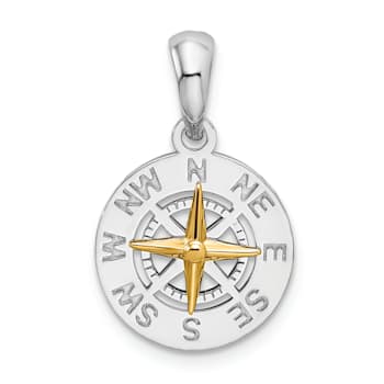 Rhodium Over Sterling Silver Polished Mini Compass with 14k Yellow Gold
Needle Pendant