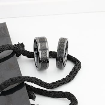 VESUVIUS Men’s Polished Black Ceramic Band with Lava Rock Stone Inlay
& Polished Beveled Edges 8mm