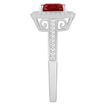 7mm Cushion Garnet 1/4 ctw Diamond Rhodium Over Sterling Silver Halo Ring